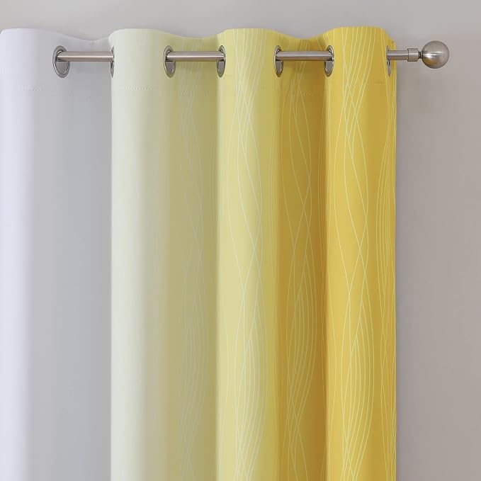 Yellow and Greyish White Gradient Blackout Curtains, Thermal Insulated Ombre - Image 4