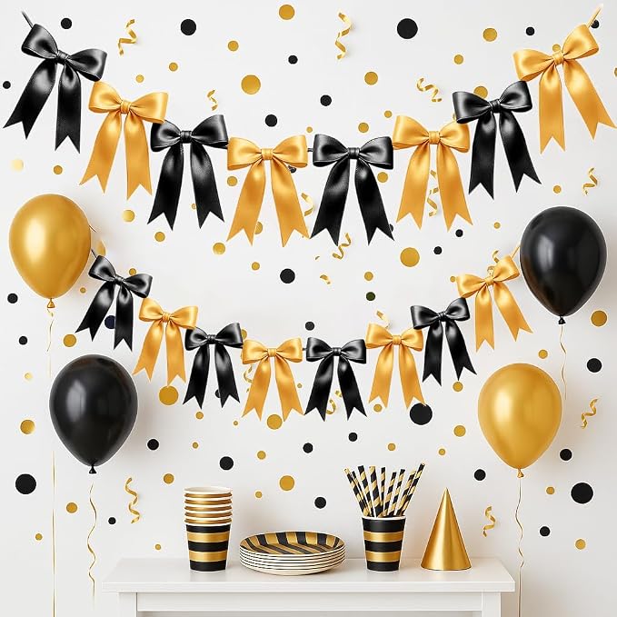 1 String of 8PCS Black&Gold Bow Garland Banner Decoration, Pre-Strung Satin by Unknown