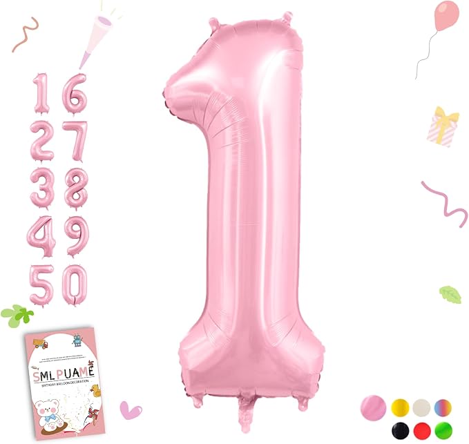Pastel Pink 1 Balloon, 40 Inch Large Light Pink Foil Number Balloons, Self by Smlpuame