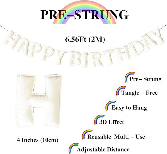Pre-Strung 3D Felt White Happy Birthday Banner, Happy Birthday Sign - Image 2