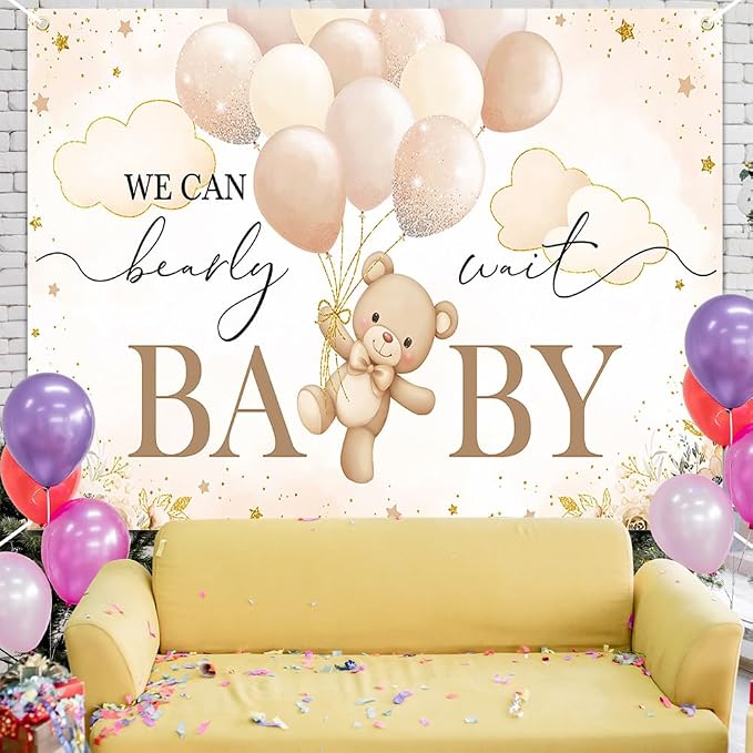 Mocsicka We Can Bearly Wait Backdrop Bear Baby Shower Banner Girl Bear Baby - Image 4
