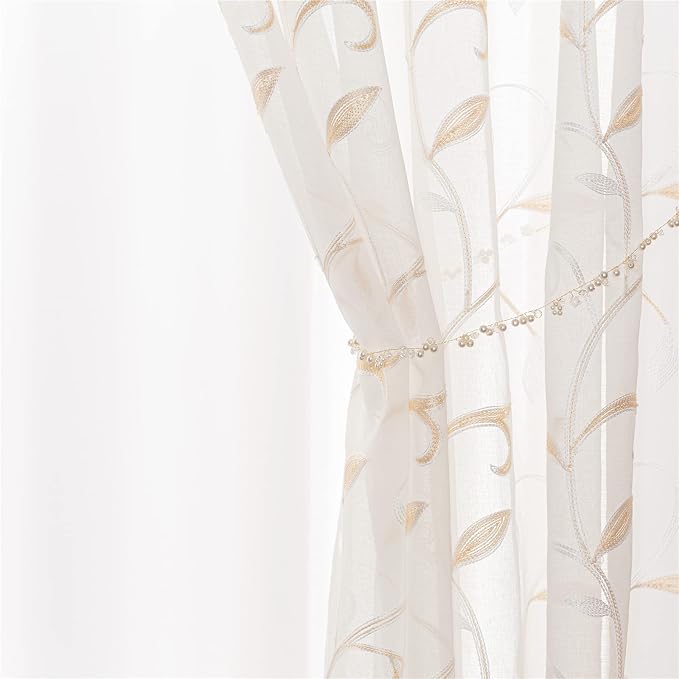 White Sheer Curtains Beige Embroidered Leaves 2 Panels 54Wx108L | Light - Image 5