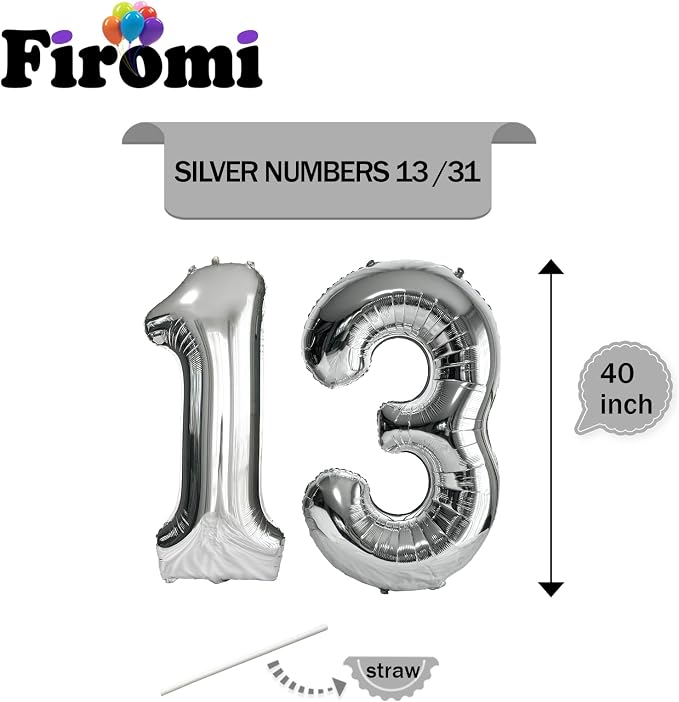 FIROMI 13 Number Balloons 40-inch Silver Big Foil Mylar 31 Balloon Numbers | - Image 2