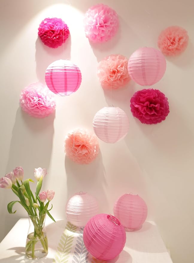 Pink Birthday Party Decorations Paper Lanterns and Pom Poms 15pcs Set | Baby - Image 6