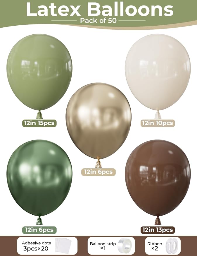 Green and Brown Balloons, Sage Green and Metallic Gold Balloons - Image 5