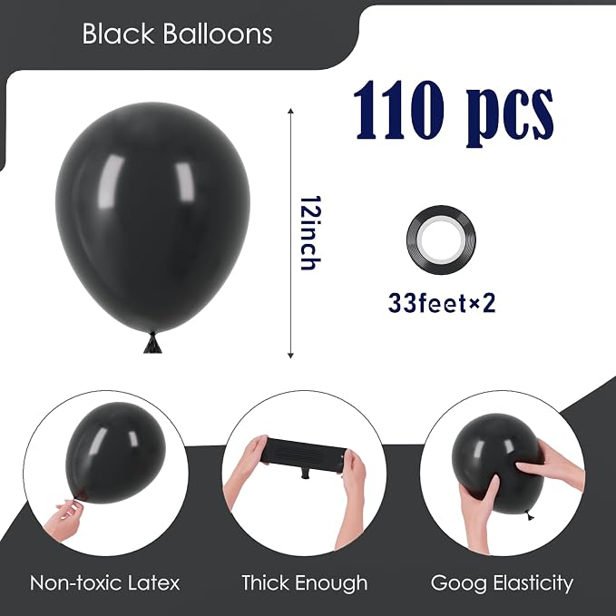 Voircoloria 110pcs Black Latex Party Balloons, 12inch | - Image 2