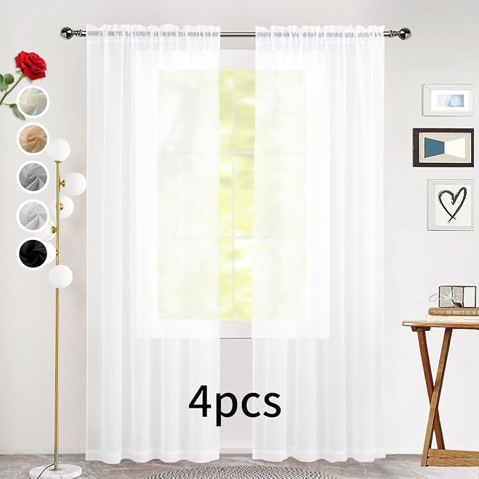 SpaceDresser Sheer White Curtains 4 Panels Rod Pocket Semi-Sheer Curtain 54 - Image 2