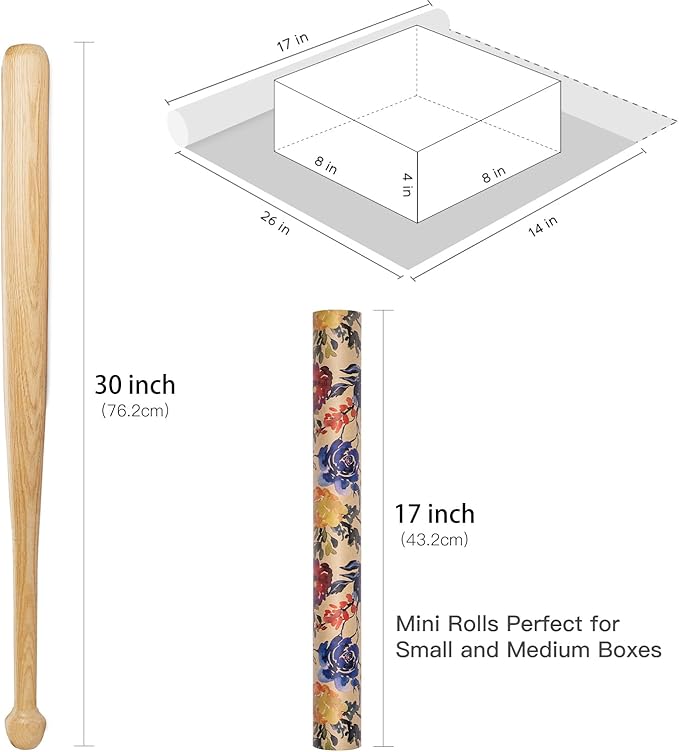 RUSPEPA Watercolor Floral Gift Wrapping Paper - Mini Roll - Kraft Paper Roll for Girls, Women, Bridal Shower and Birthday - 17 Inches x 16. 4 Feet