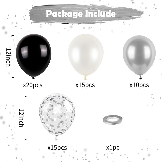 Black and Silver Balloons, Metallic Silver and Black Balloons Pearl Silver - Image 2