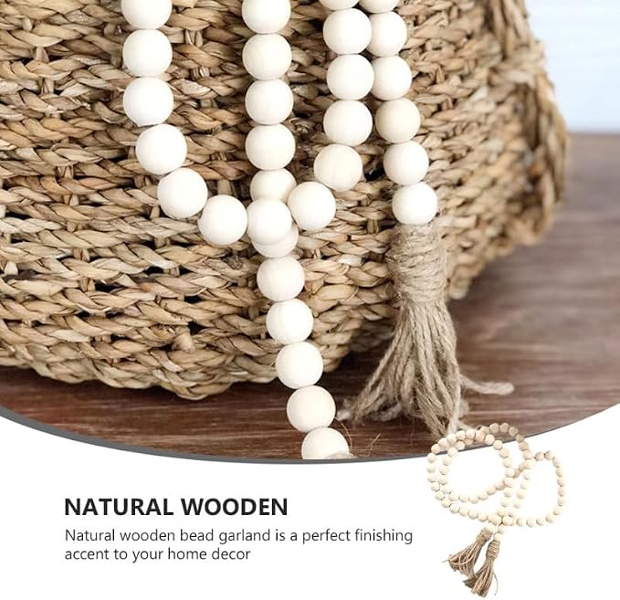 IMIKEYA Wood Bead Garland with Tassels 57In Natural Rustic Farmhouse Decor - Image 6