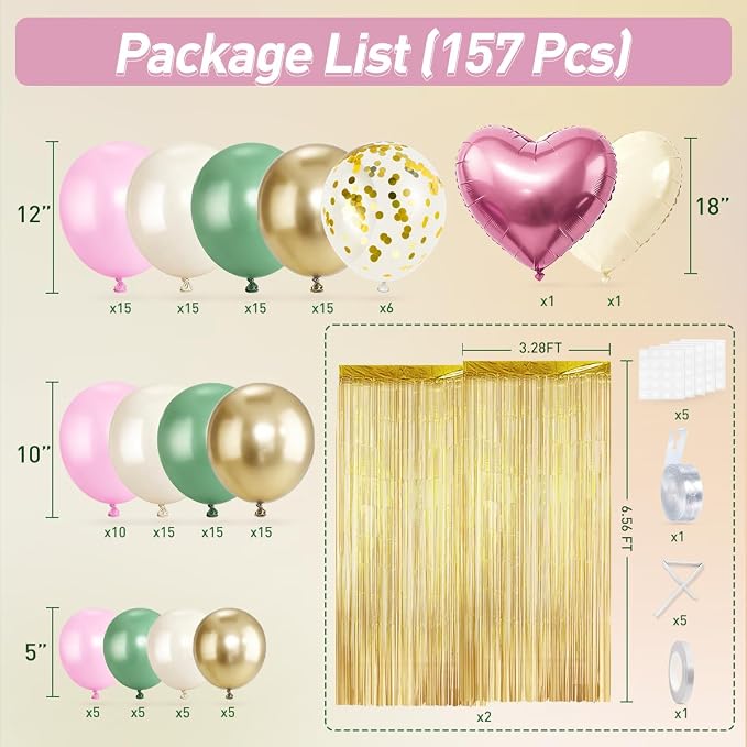 Sage Green Pink White Gold Balloons Garland Arch Kit - Image 2