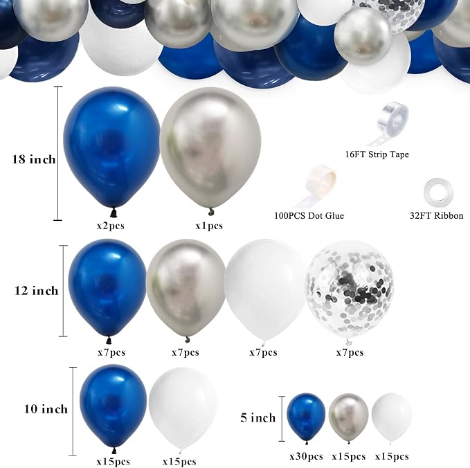 124pcs Blue Silver White Balloons Garland Arch Kit 5/10/12/18 Inch Royal Navy - Image 3