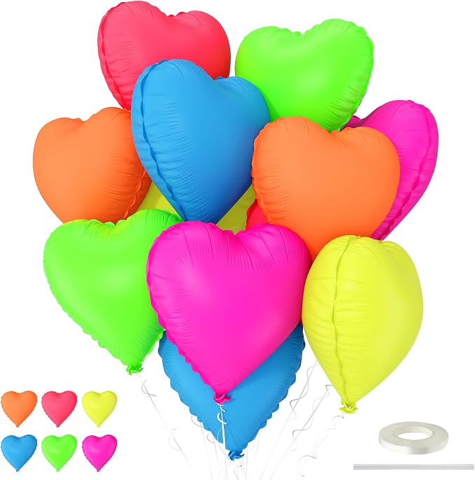 Neon Heart Balloons, 18 Inch Rainbow Heart Shape Foil Balloon by TAOYE