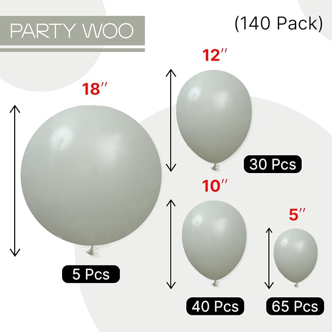 PartyWoo Dusty Green Balloons 140pcs Different Sizes Pack of 18 12 10 5 Inch - Image 7