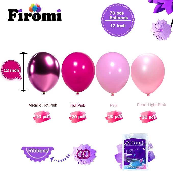 Firomi Metallic Chrome Pink Balloons Set 12-inch 70 pack | Chrome Hot Pink - Image 2