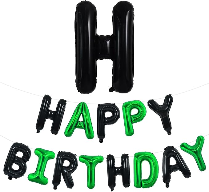 TONIFUL 16 Inch Black Green Happy Birthday Balloons Banner Decorations | - Image 2