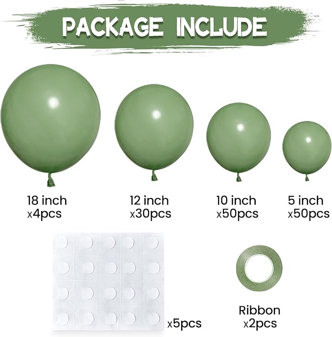 134Pcs Sage Green Balloons Different Sizes 5 10 12 18 Inch Sage green Latex - Image 2