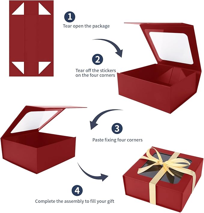TIACABO Red Gift Box with Window,7.5"x7.5"x3.1" Bridesmaid Boxe for Gifts Giving,Birthday Gift Boxes with Magnetic,Closure Lid Gifts Boxes for Presents,Cute Box,Luxury for Gift Packaging