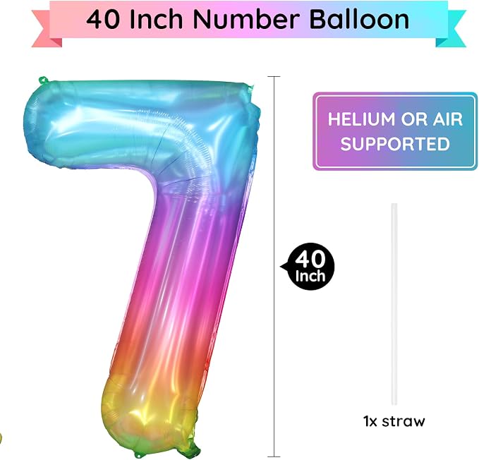 40 Inch Rainbow Number Balloon 7, Large Number Foil Balloons Mylar - Image 2