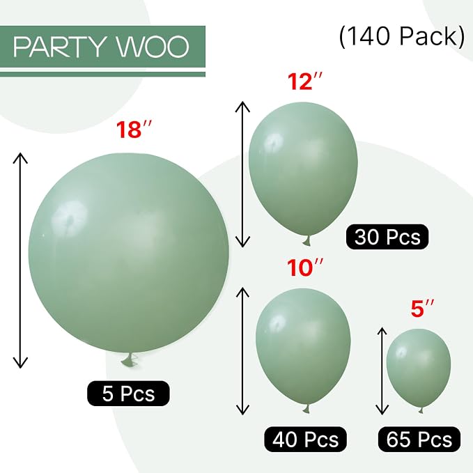 PartyWoo Sage Green Balloons 140pcs Olive Eucalyptus Dusty Green Boho Color | - Image 6