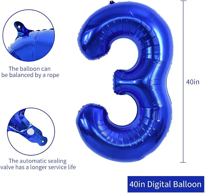 TONIFUL 40 Inch Navy Blue Number 3 Balloons Large Foil 3rd Birthday Decor | - Image 2