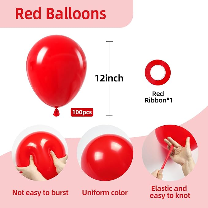100 Pack Red Balloons 12 inch Red Latex Balloons | Valentines Day, Wedding - Image 2