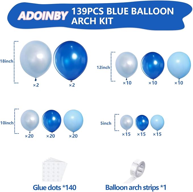 Blue Balloons Arch Kit, ADOINBY 139Pcs Macaron Blue Royal Blue Balloon Garland - Image 2