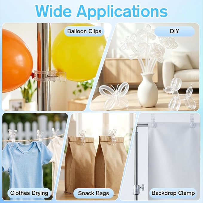 20Pcs Balloon Clips with 200Pcs Long Balloons, 3.5" Transparent Plastic - Image 7