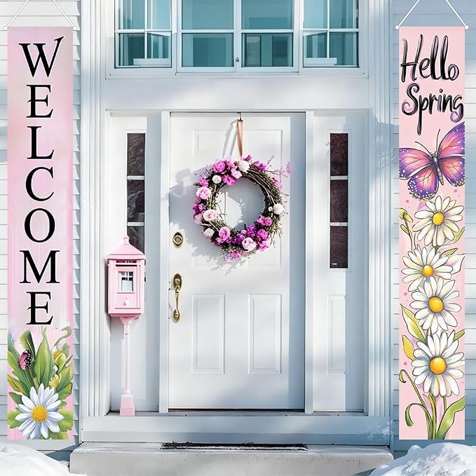 2 Piece Porch Banners 71x12 Inch Hello Spring Butterfly Door Decor | Two-piece by yuenengmaoyi