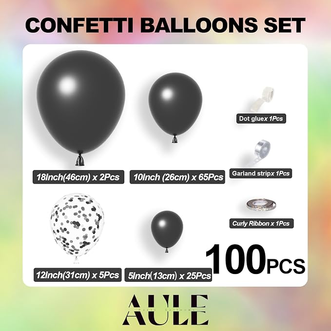 AULE 100Pcs Latex Black Balloons 18/12/10/5 Inch Different Sizes | Chrome Latex - Image 4