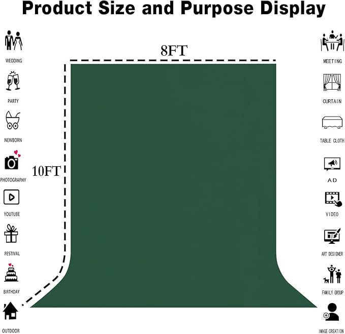 8x10FT Dark Green Screen Backdrops for Photography, Virtual Green Screen Backdrop Pieces for Meetings, Curtains for Party Decoration Video Shooting