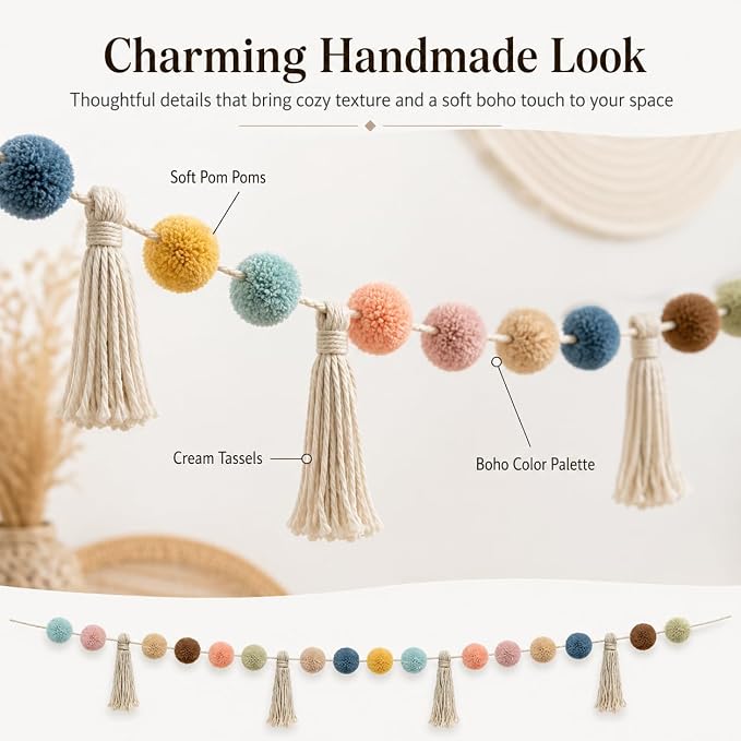RAINFLOW Pom Pom Garland Decoration, 6.5FT Pre-Assembled Tassel Boho Pastel | - Image 4
