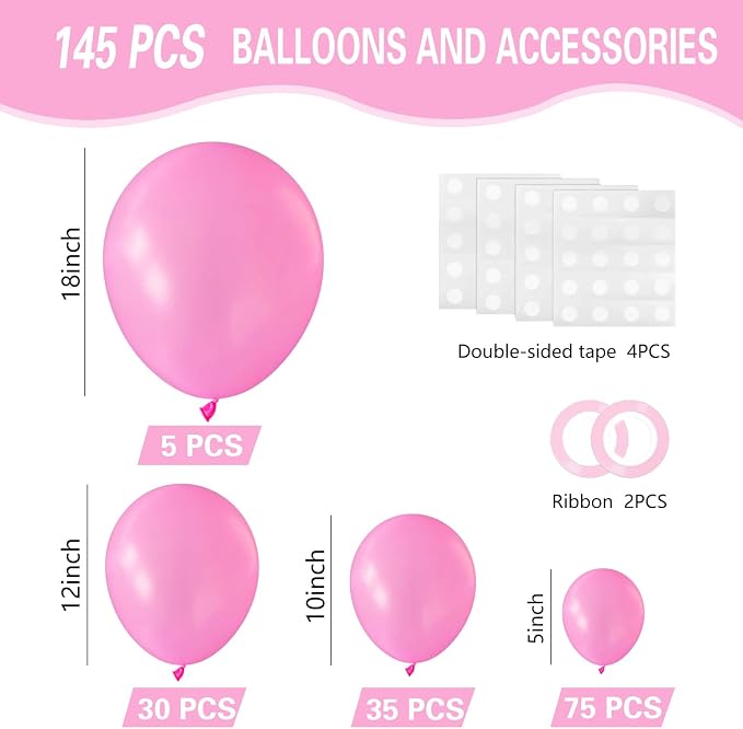 Pink Balloons 145pcs Different Sizes 5in 10in 12in 18in Pink Round Latex - Image 2