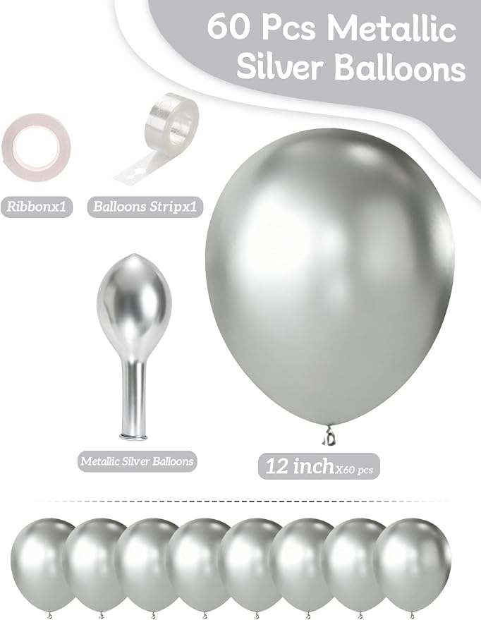 Silver Balloons 12 Inch 60 Pcs Metallic Silver Latex Balloons - Image 3