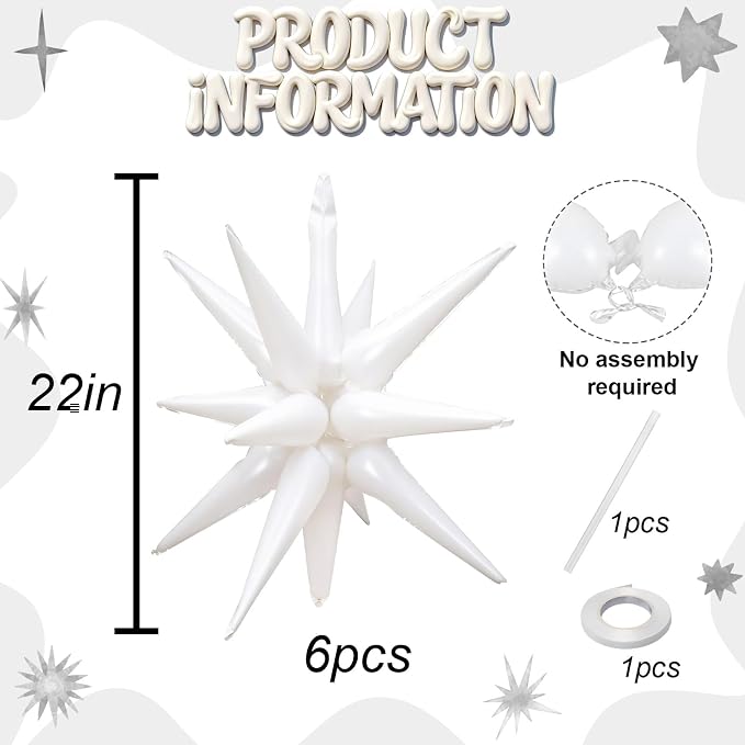 HILAVO 6PCS White Star Balloons, 22Inch Huge White Explosion Star Balloons - Image 2