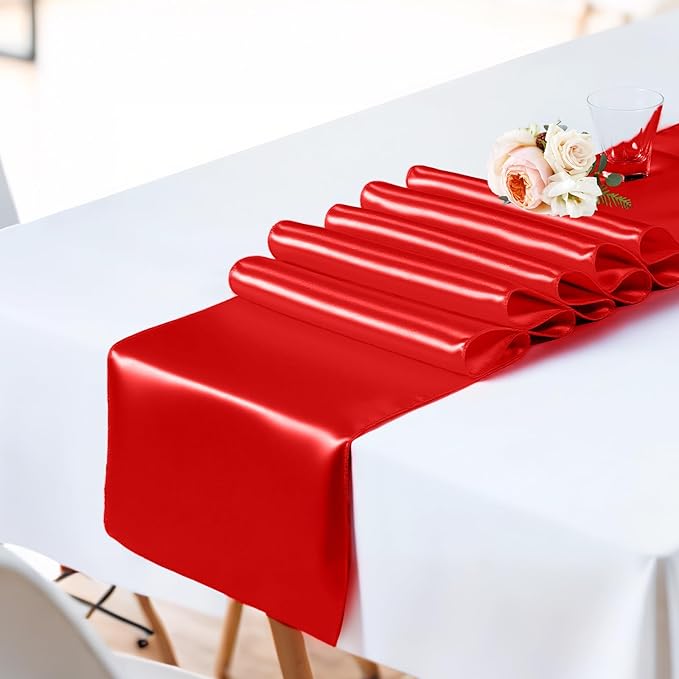 SHEJIZE 20 Pack Red Satin Table Runner 12x108 Inches Long, Bright Silky Smooth Satin Table Runner Table Decor for Wedding Banquet Christmas Prom Event Birthday Party