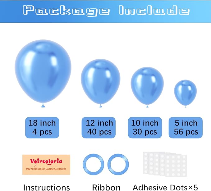 Voircoloria 130pcs Metallic Blue Balloons Arch Kit, 18 12 10 5 Inch | - Image 2