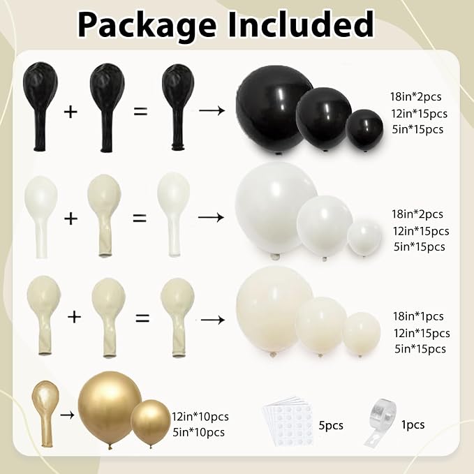 Black White Gold Balloon Arch Kit, Double Stuffed, Party | Pearl Sand White - Image 2