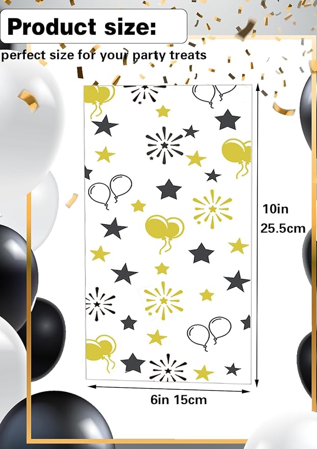 COQOFA 100 Pcs Black Gold 6"X10" Star Printed Gift Wrap Cellophane Bags - Image 2