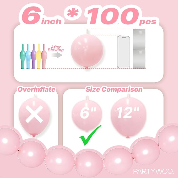 PartyWoo Pastel Linking Balloons 100pcs 6 Inch Rainbow Link Balloons | - Image 4