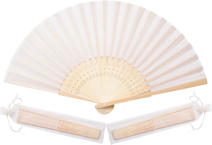 Sepwedd 50pcs Cream-Coloured Imitated Silk Fabric Bamboo Folded Hand Fan Bridal by SEPWEDD