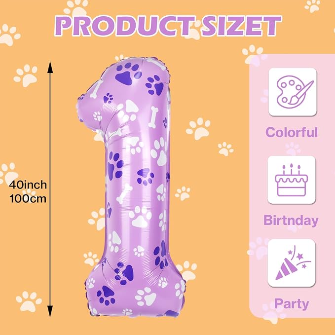 40 Inch Pink Dog Paw Balloons, Numeral 1Birthday Balloons - Image 2