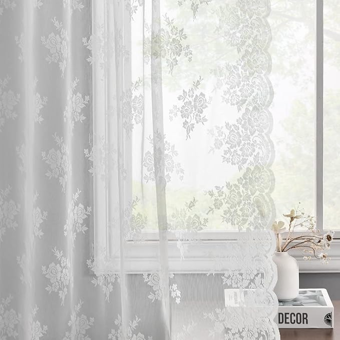 Kotile White Lace Curtains for Kitchen Windows W42 x L36 Inch, 2 Panels | Rod - Image 8