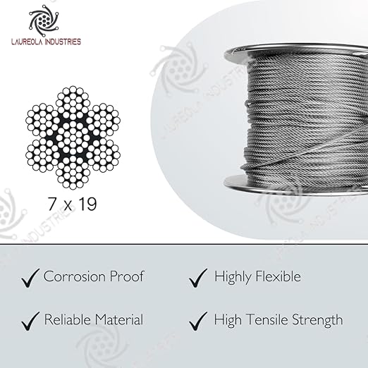 Laureola 1/8" 7x19 Stainless Steel Aircraft Wire Rope 304 Grade (200ft)