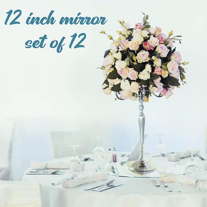 JAMBALAY Round Mirror Centerpieces for Tables, 12Inch Glass Mirror Table Centerpieces, Circle Glass Mirror Trays, Mirror Candle Plates for Wedding Decoration and Party, 12Pcs