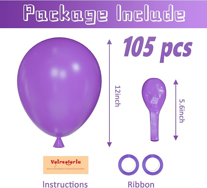 Voircoloria 105pcs Purple Party Latex Balloons, 12inch | - Image 2