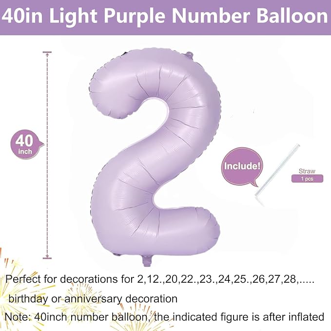 40 Inch Purple Number Balloons Light Purple 2 Balloon Matte purple Birthday - Image 2