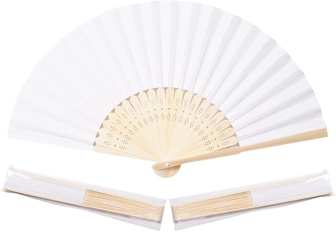 Sepwedd 50pcs White Paper Hand Fan Bamboo Folding, Handheld Paper Folded by SEPWEDD