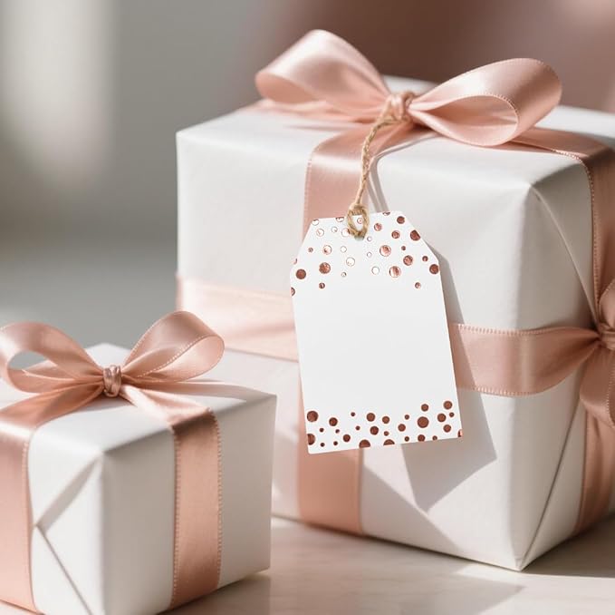 100Pcs Rose Gold Gift Tags with String Attached, ASYEHJNR Foil Rose Gold Dot Large Gift Bag Tags Presents with 65 FT Jute Twine, White Paper Gift Tags for Baby Shower, Wedding, Birthday Gift Wrap Tags