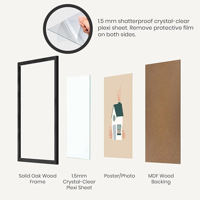 Opposite Wall - 14x18 in - Black Solid Oak Wood Picture Frame - Lightweight, Versatile & Shatterproof - Wall Hanging Poster or Photo Frame - Wall Decor for Office, Gallery & Home